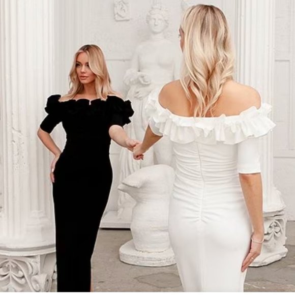 XScape Navy Blue, Ruffled, Off-the-shoulder Crepe Sheath Gown size 22 - Picture 4 of 10